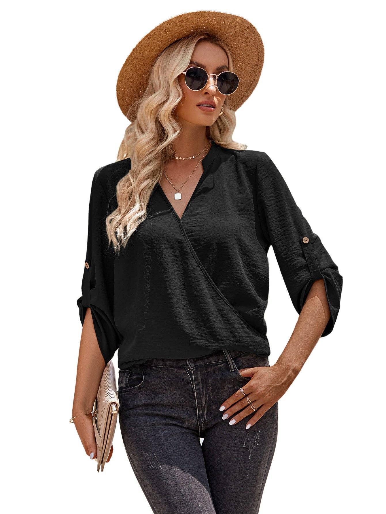Ladies V-neck Hemming Daily Shirt 233SY53695-SN18 - SWEETKAMA