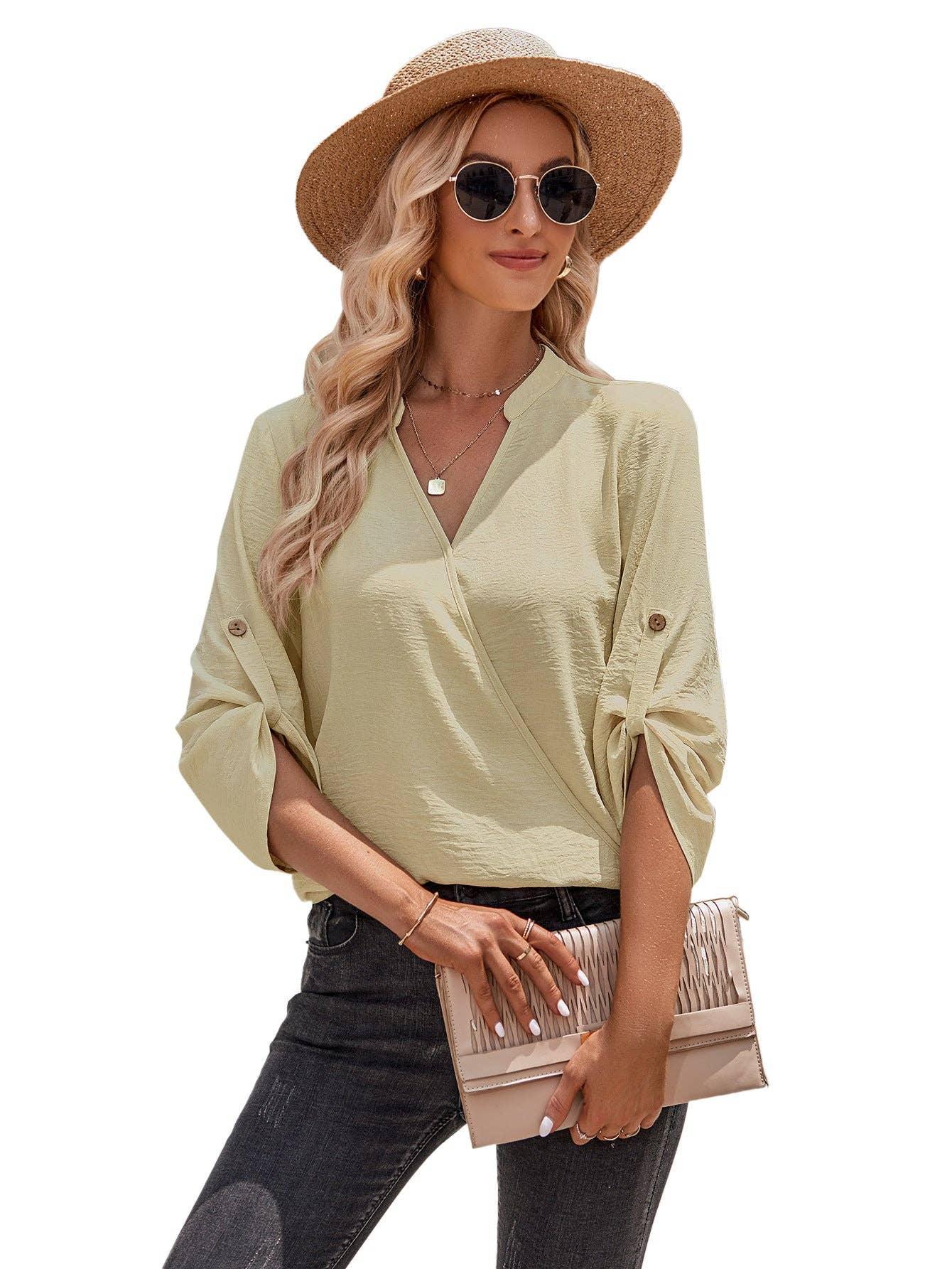 Ladies V-neck Hemming Daily Shirt 233SY53695-SN18 - SWEETKAMA