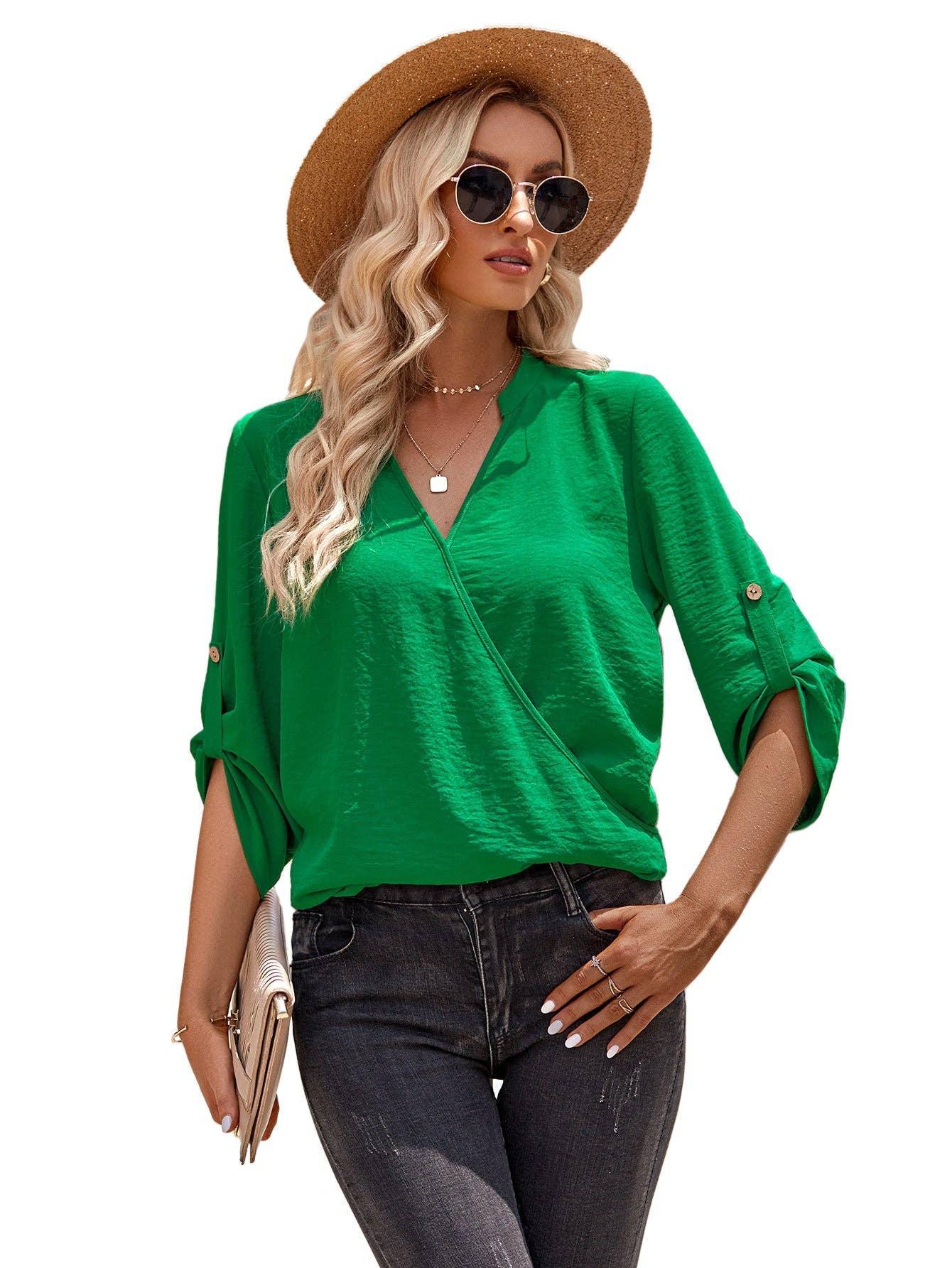 Ladies V-neck Hemming Daily Shirt 233SY53695-SN18 - SWEETKAMA