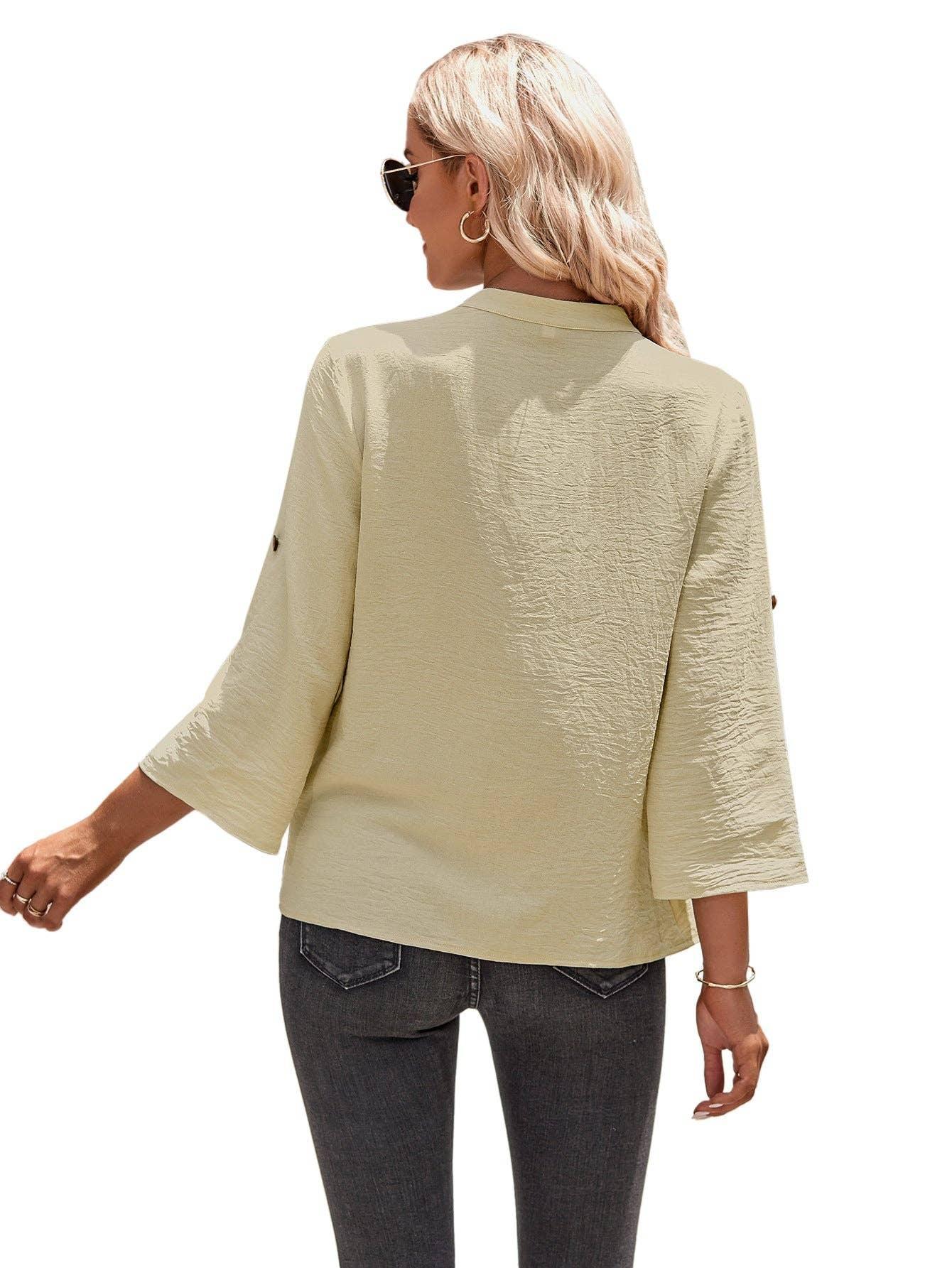 Ladies V-neck Hemming Daily Shirt 233SY53695-SN18 - SWEETKAMA