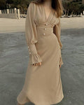 Ladies V-Neck Puff Sleeves Long Dress LYQ8489 - SWEETKAMA