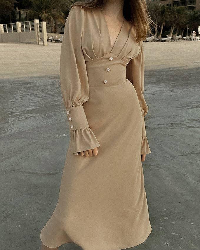 Ladies V-Neck Puff Sleeves Long Dress LYQ8489 - SWEETKAMA