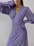 Ladies V-Neck Puff Sleeves Long Dress LYQ8489 - SWEETKAMA