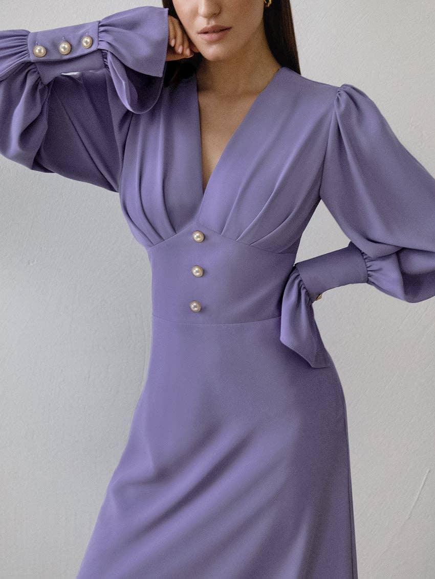 Ladies V-Neck Puff Sleeves Long Dress LYQ8489 - SWEETKAMA