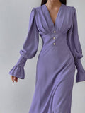 Ladies V-Neck Puff Sleeves Long Dress LYQ8489 - SWEETKAMA