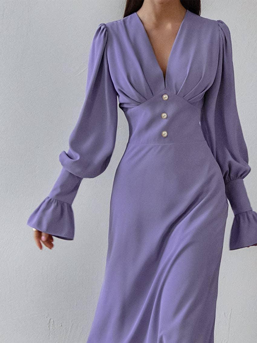 Ladies V-Neck Puff Sleeves Long Dress LYQ8489 - SWEETKAMA
