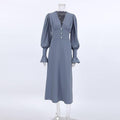 Ladies V-Neck Puff Sleeves Long Dress LYQ8489 - SWEETKAMA