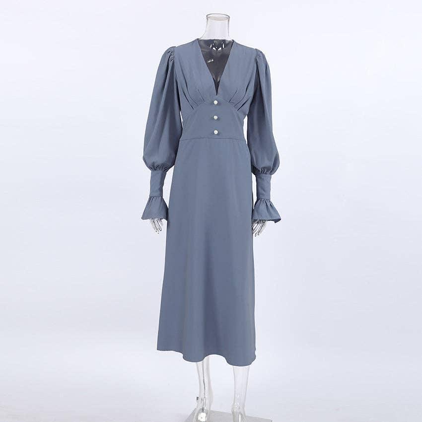 Ladies V-Neck Puff Sleeves Long Dress LYQ8489 - SWEETKAMA