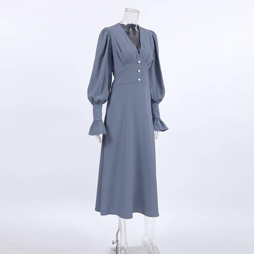 Ladies V-Neck Puff Sleeves Long Dress LYQ8489 - SWEETKAMA