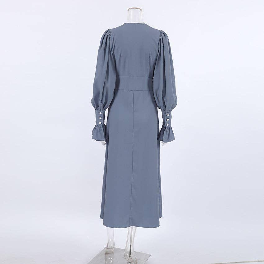 Ladies V-Neck Puff Sleeves Long Dress LYQ8489 - SWEETKAMA