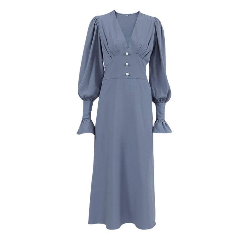 Ladies V-Neck Puff Sleeves Long Dress LYQ8489 - SWEETKAMA