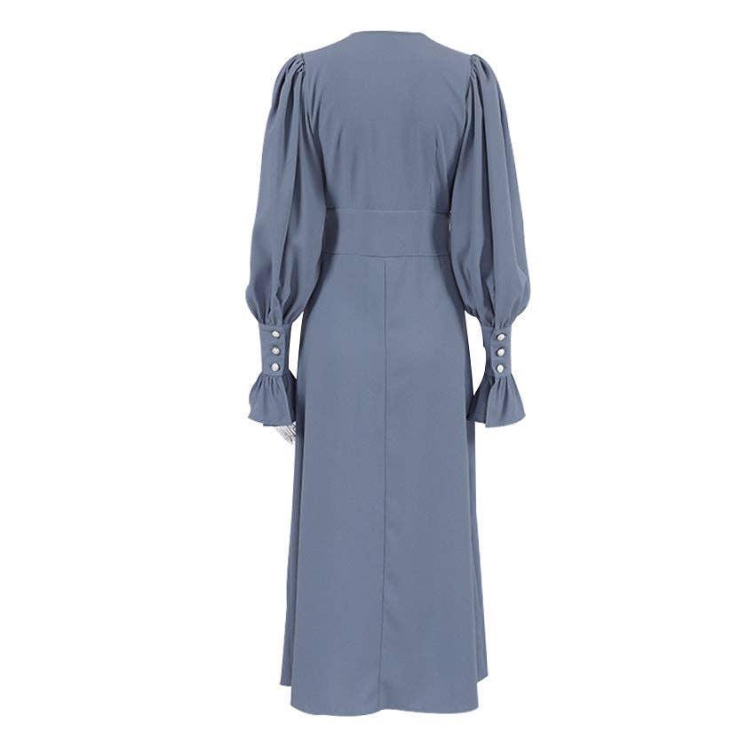 Ladies V-Neck Puff Sleeves Long Dress LYQ8489 - SWEETKAMA