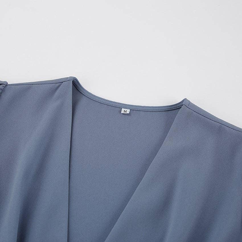 Ladies V-Neck Puff Sleeves Long Dress LYQ8489 - SWEETKAMA