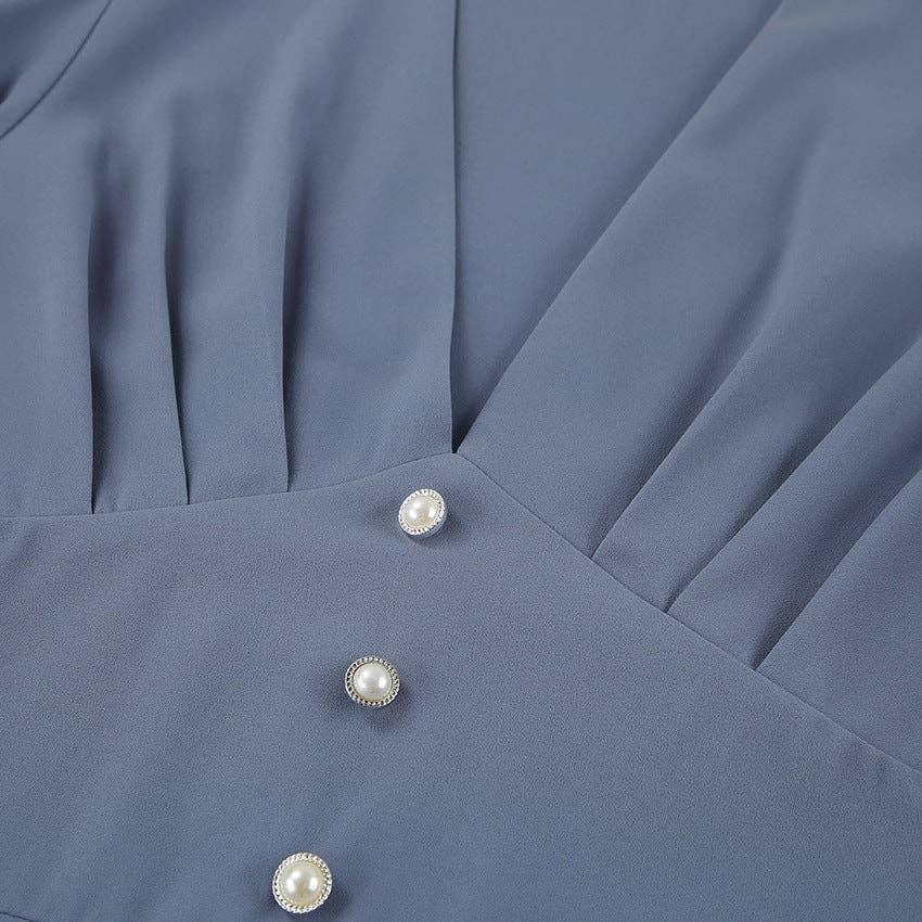 Ladies V-Neck Puff Sleeves Long Dress LYQ8489 - SWEETKAMA