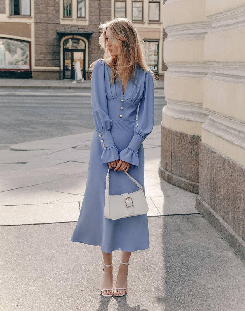 Ladies V-Neck Puff Sleeves Long Dress LYQ8489 - SWEETKAMA