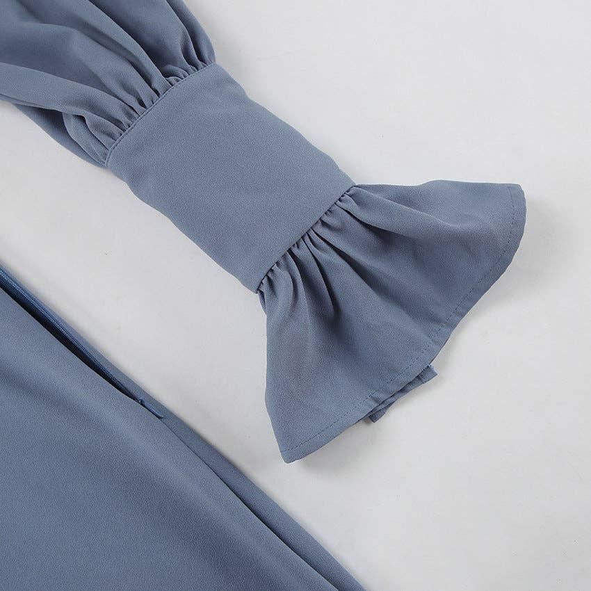 Ladies V-Neck Puff Sleeves Long Dress LYQ8489 - SWEETKAMA