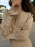 Ladies V-Neck Puff Sleeves Long Dress LYQ8489 - SWEETKAMA