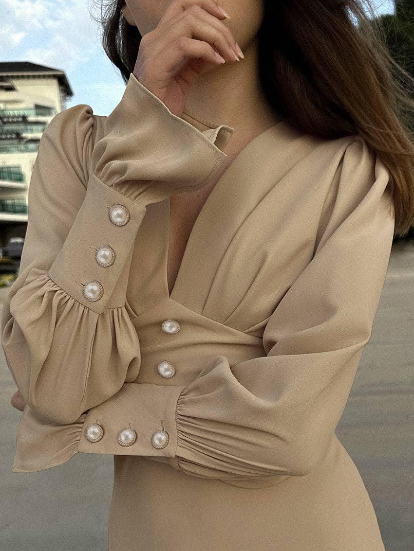 Ladies V-Neck Puff Sleeves Long Dress LYQ8489 - SWEETKAMA