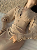 Ladies V-Neck Puff Sleeves Long Dress LYQ8489 - SWEETKAMA