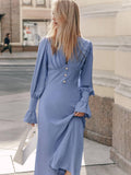 Ladies V-Neck Puff Sleeves Long Dress LYQ8489 - SWEETKAMA