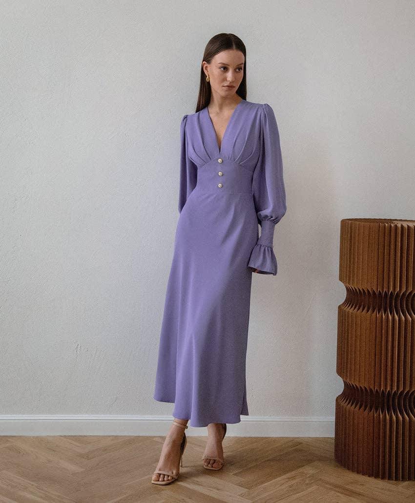 Ladies V-Neck Puff Sleeves Long Dress LYQ8489 - SWEETKAMA