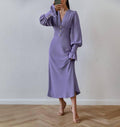 Ladies V-Neck Puff Sleeves Long Dress LYQ8489 - SWEETKAMA