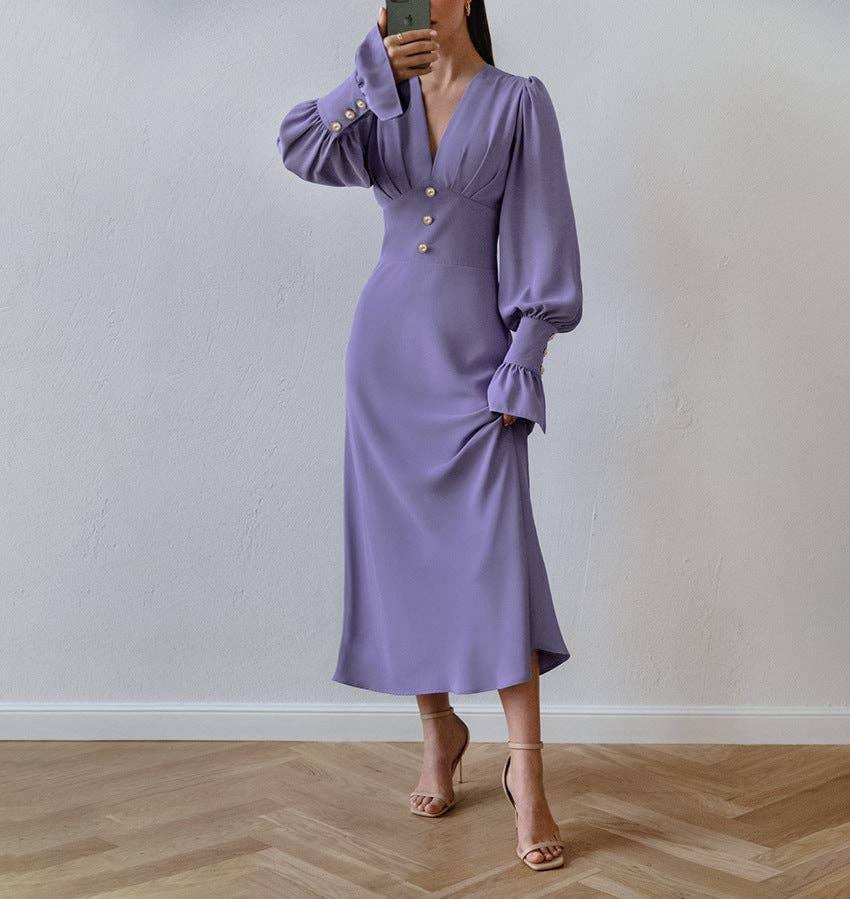 Ladies V-Neck Puff Sleeves Long Dress LYQ8489 - SWEETKAMA