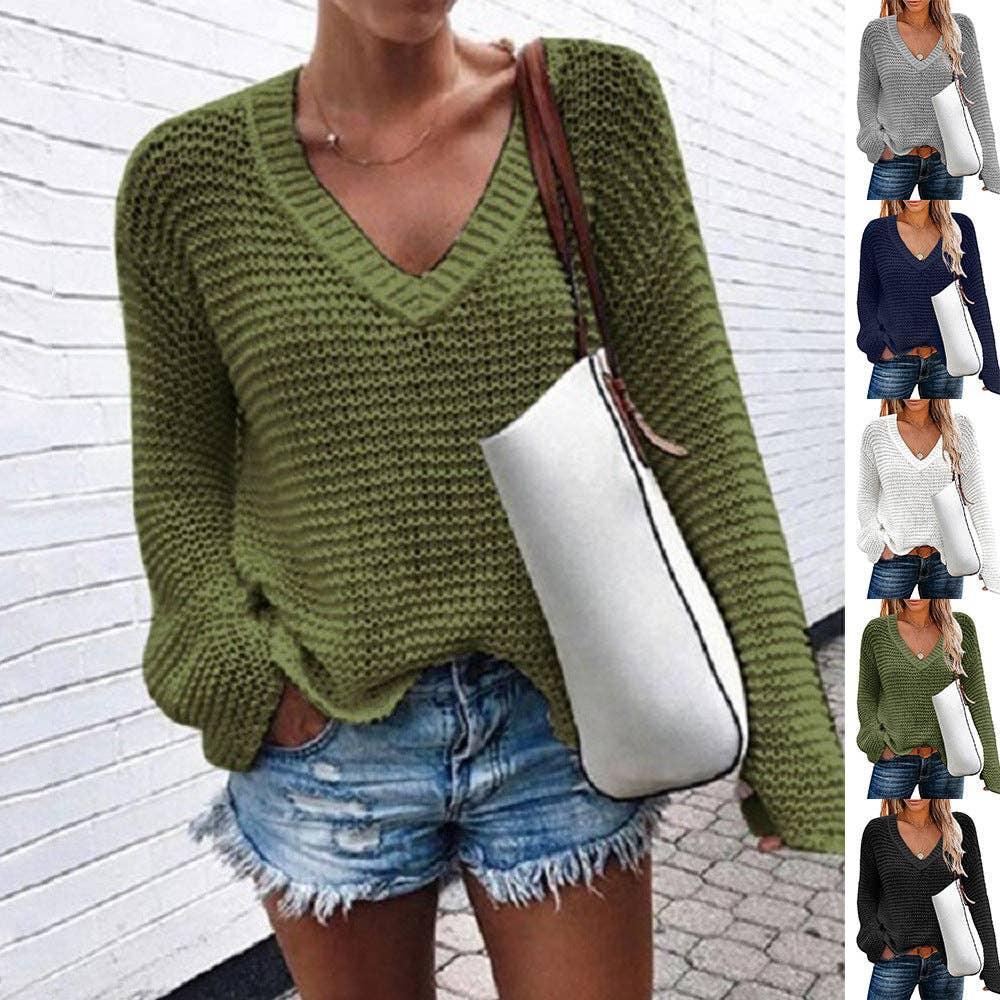 Ladies V-Neck Solid Loose Long Sleeves Sweater HC0159 - SWEETKAMA