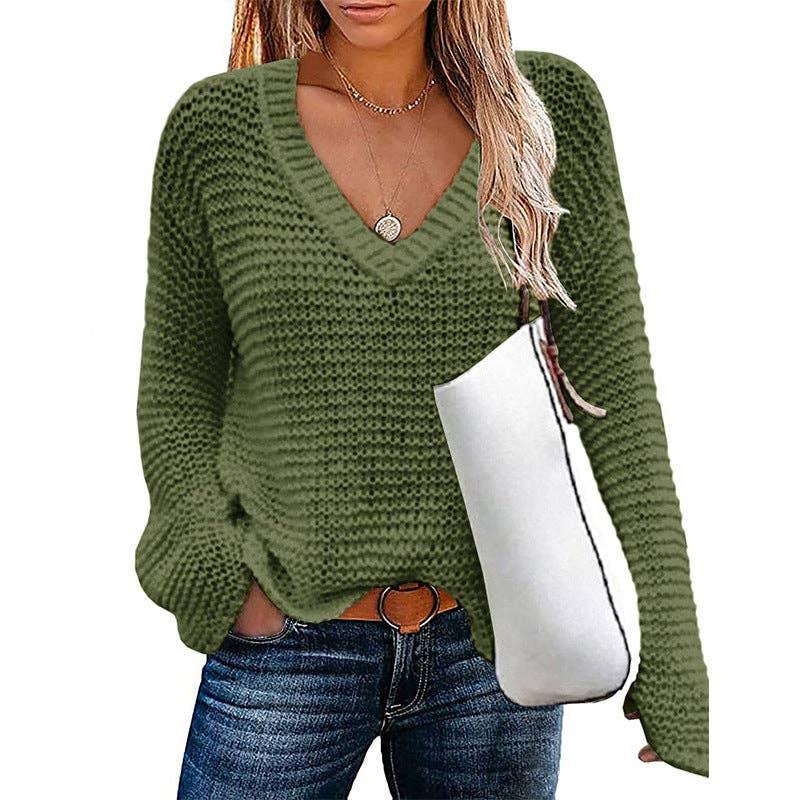 Ladies V-Neck Solid Loose Long Sleeves Sweater HC0159 - SWEETKAMA