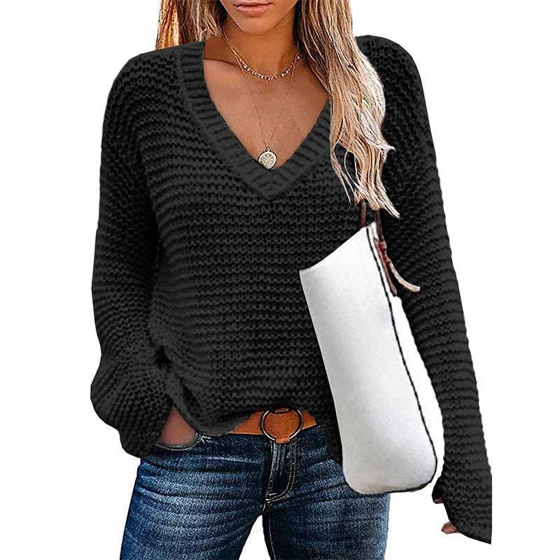 Ladies V-Neck Solid Loose Long Sleeves Sweater HC0159 - SWEETKAMA