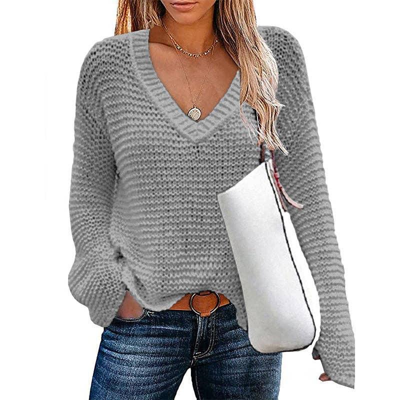 Ladies V-Neck Solid Loose Long Sleeves Sweater HC0159 - SWEETKAMA