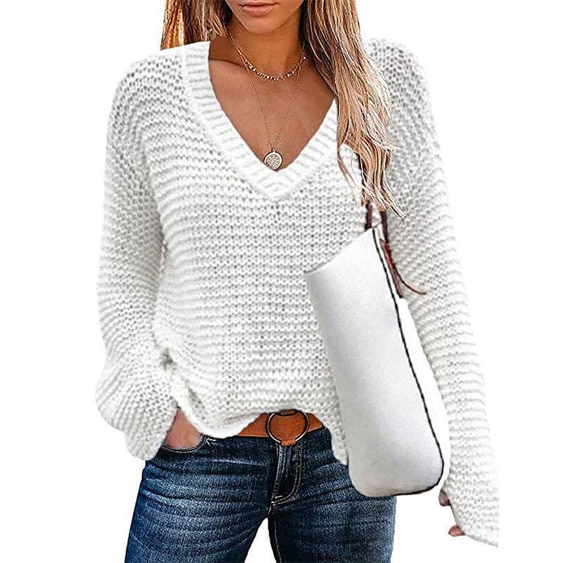 Ladies V-Neck Solid Loose Long Sleeves Sweater HC0159 - SWEETKAMA
