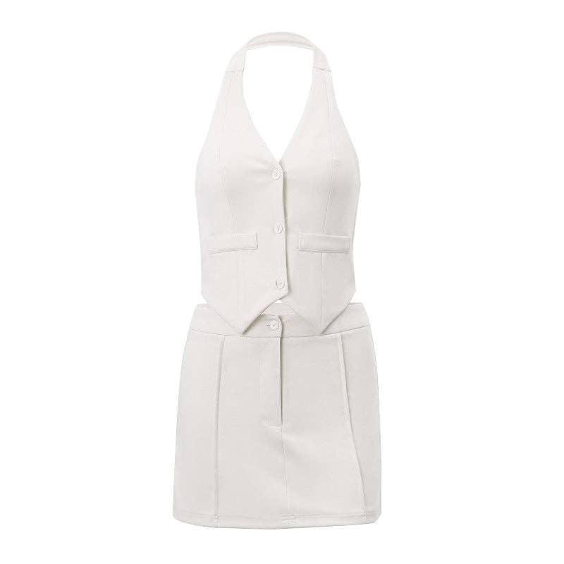 Ladies V-Neck Vest A-line Short Skirt Suit S48H4524 - SWEETKAMA