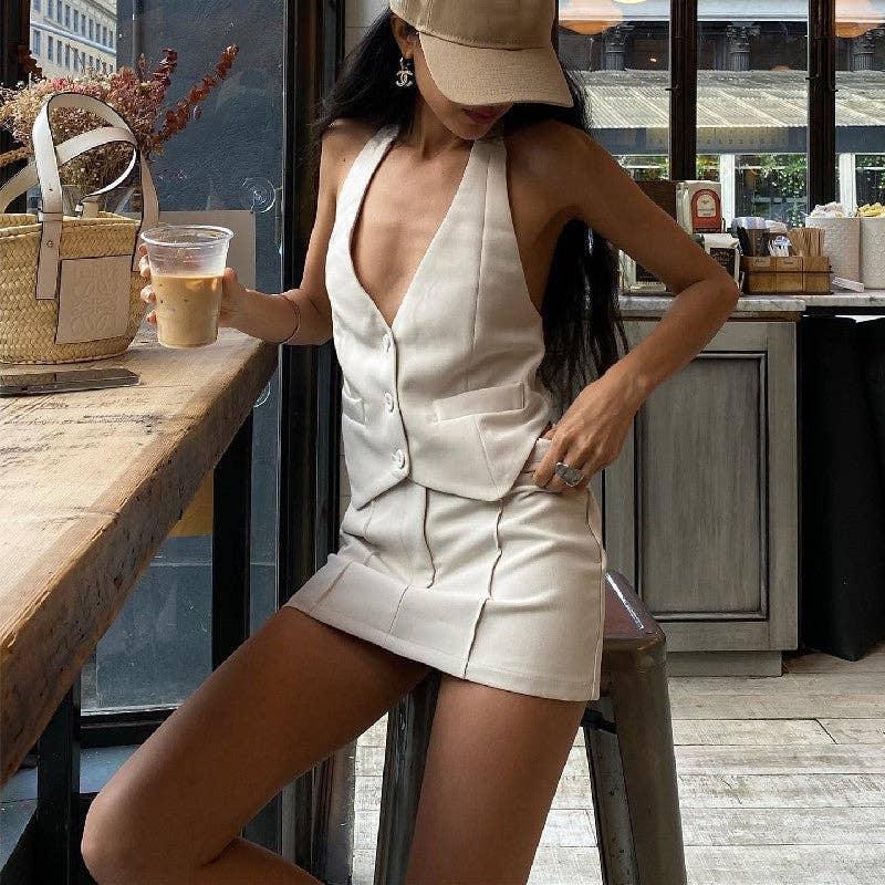 Ladies V-Neck Vest A-line Short Skirt Suit S48H4524 - SWEETKAMA