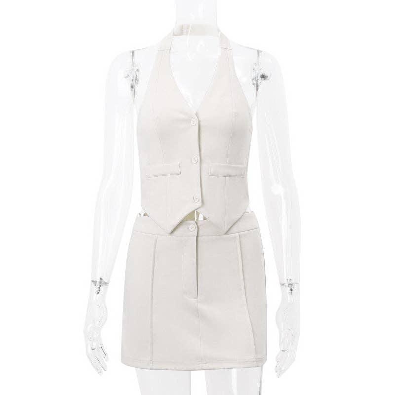Ladies V-Neck Vest A-line Short Skirt Suit S48H4524 - SWEETKAMA