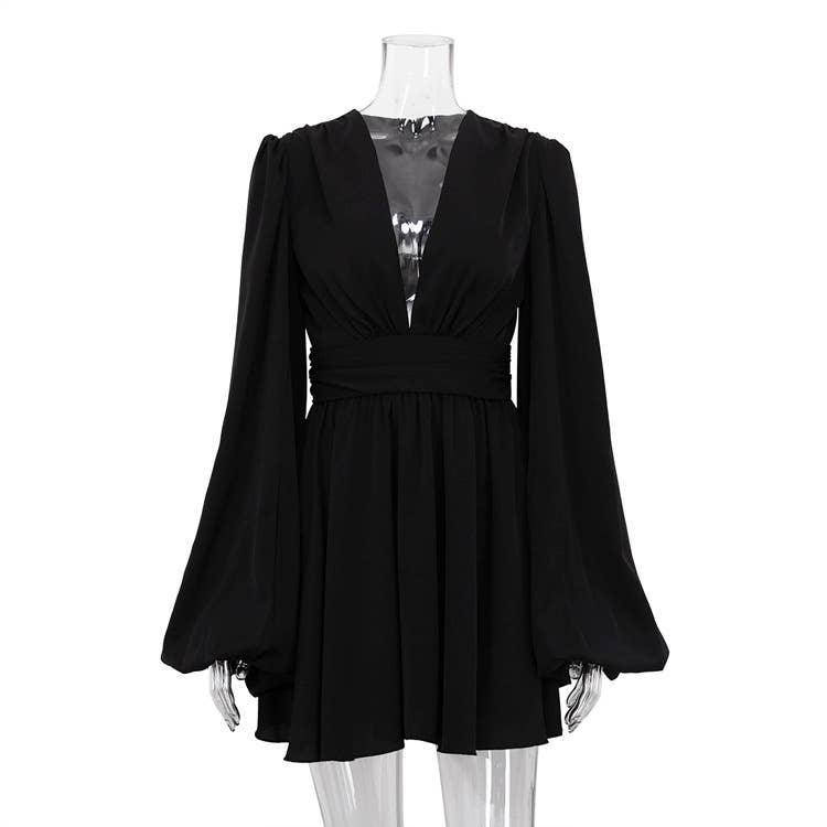 Ladies V-Neckl Long Sleeves Mini Dress LYQ10806H - SWEETKAMA