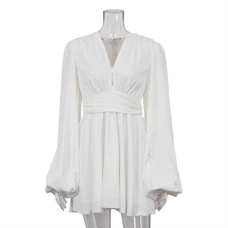 Ladies V-Neckl Long Sleeves Mini Dress LYQ10806H - SWEETKAMA