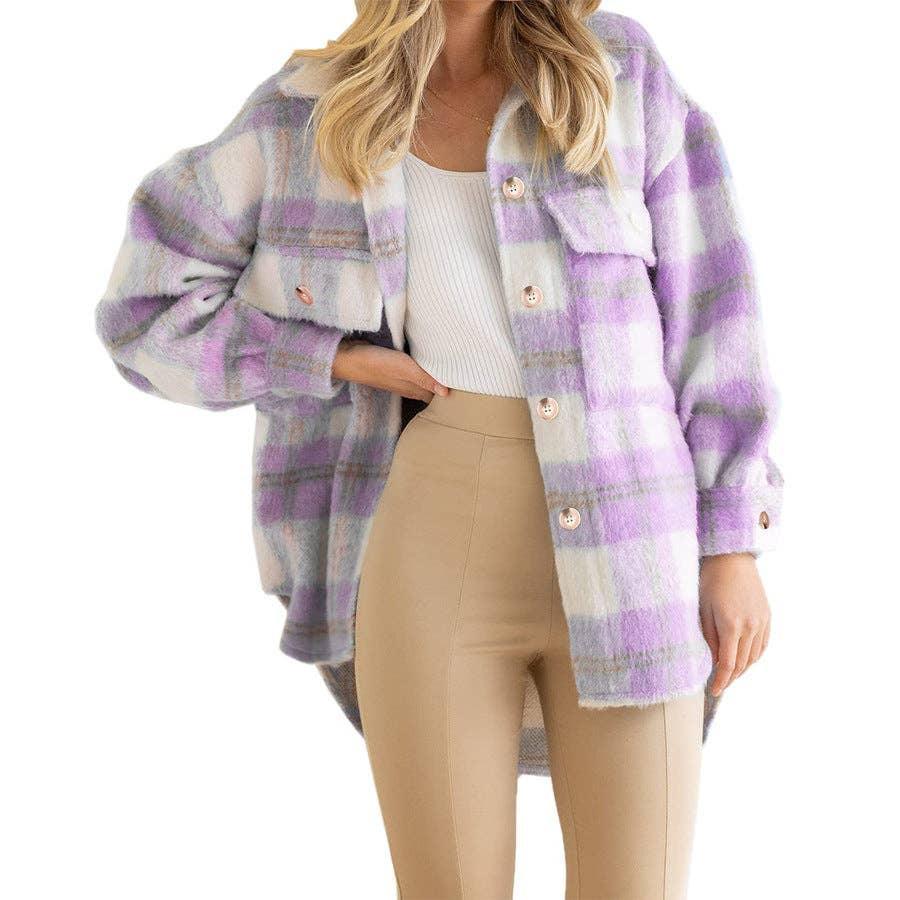 Ladies Velvet Plaid Lapel Button Down Pockets Shirt 6619 - SWEETKAMA