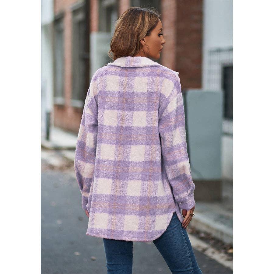 Ladies Velvet Plaid Lapel Button Down Pockets Shirt 6619 - SWEETKAMA