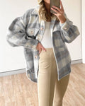 Ladies Velvet Plaid Lapel Button Down Pockets Shirt 6619 - SWEETKAMA