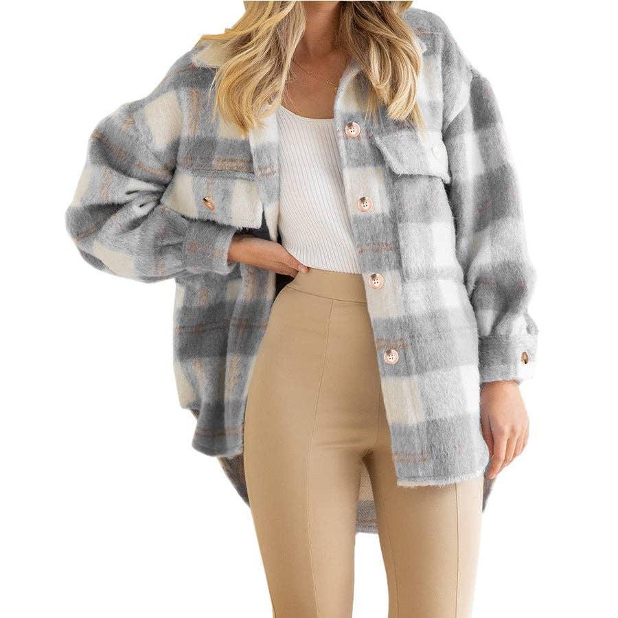 Ladies Velvet Plaid Lapel Button Down Pockets Shirt 6619 - SWEETKAMA