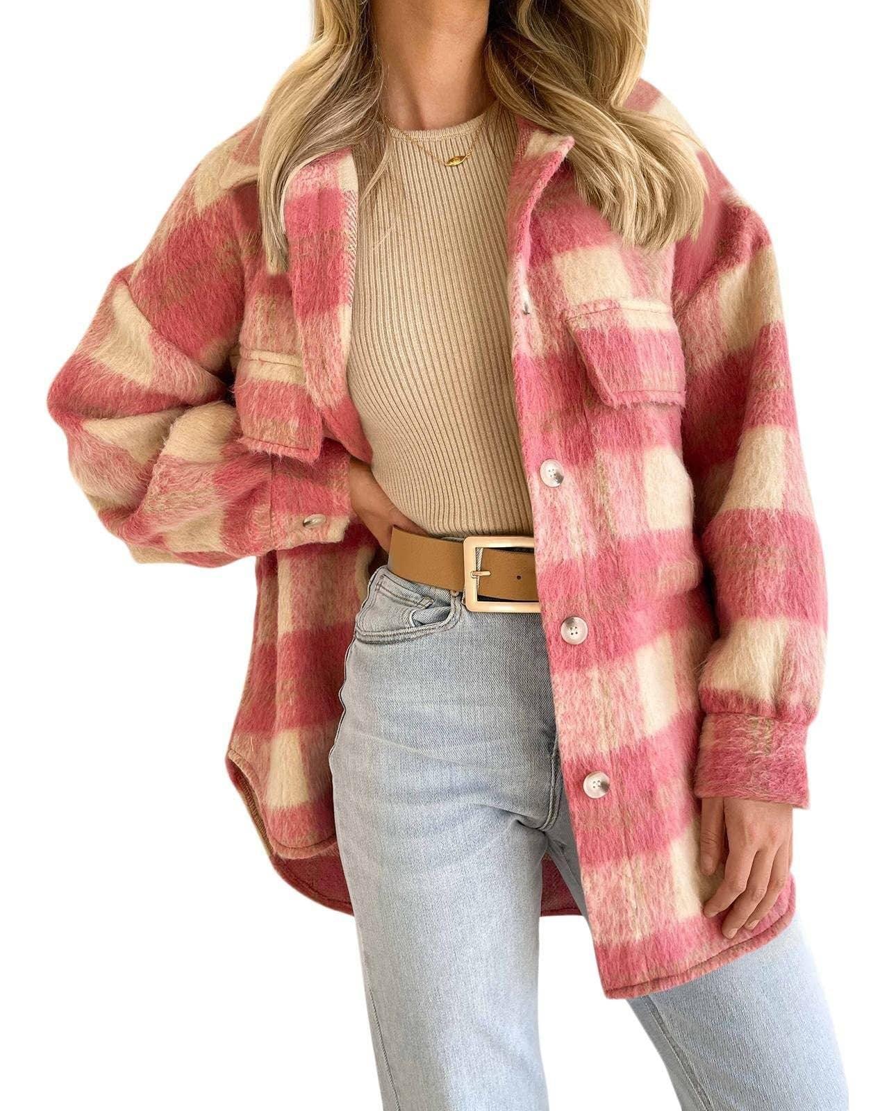 Ladies Velvet Plaid Lapel Button Down Pockets Shirt 6619 - SWEETKAMA