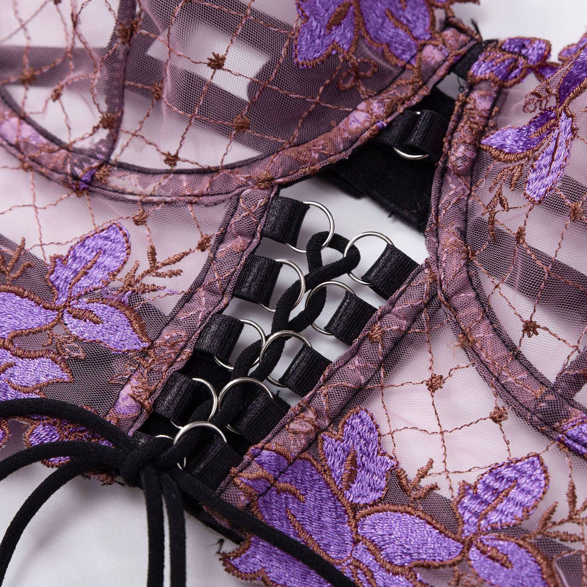Ladies Violet Embroidery Lingerie Set with Garter Belt 2009 - SWEETKAMA