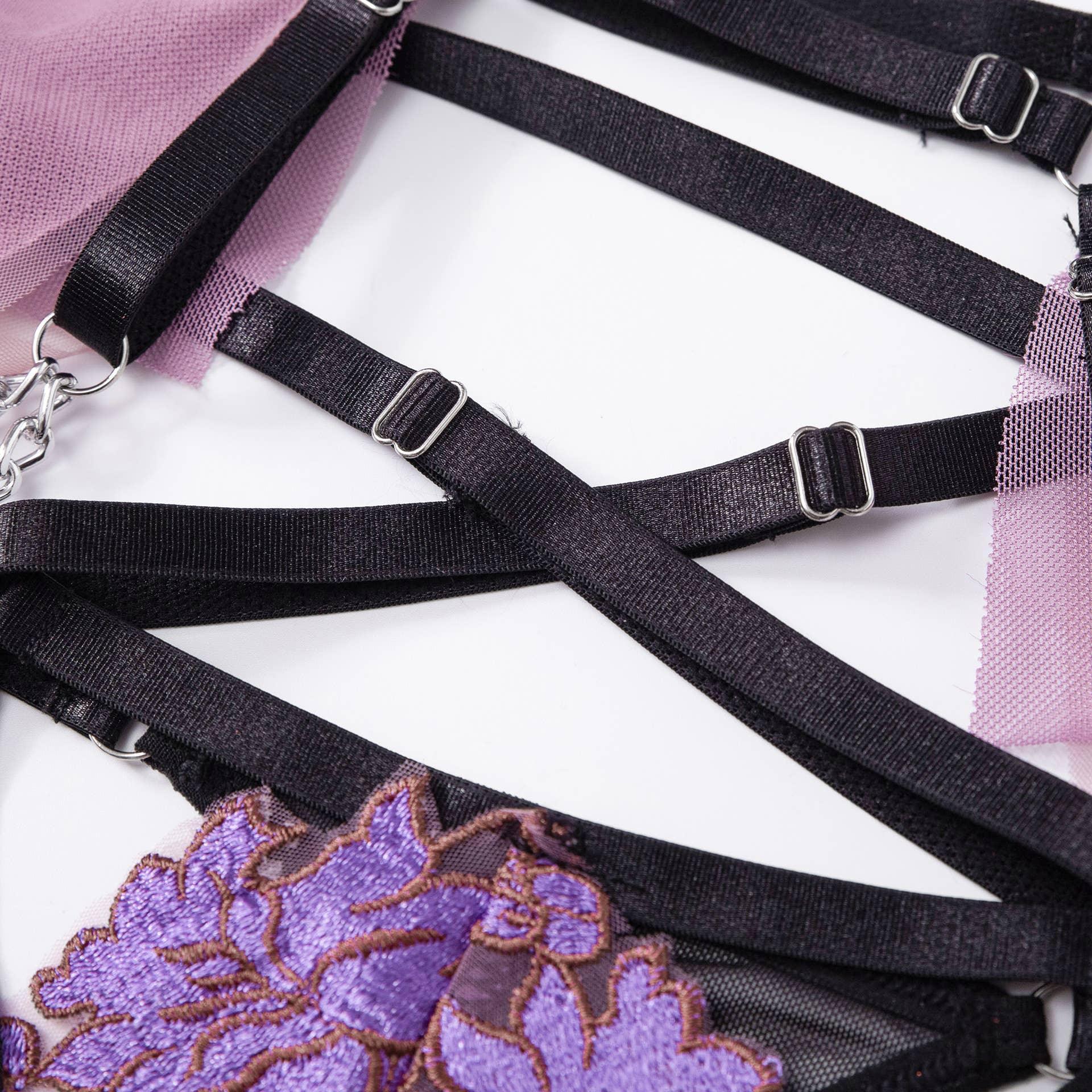 Ladies Violet Embroidery Lingerie Set with Garter Belt 2009 - SWEETKAMA