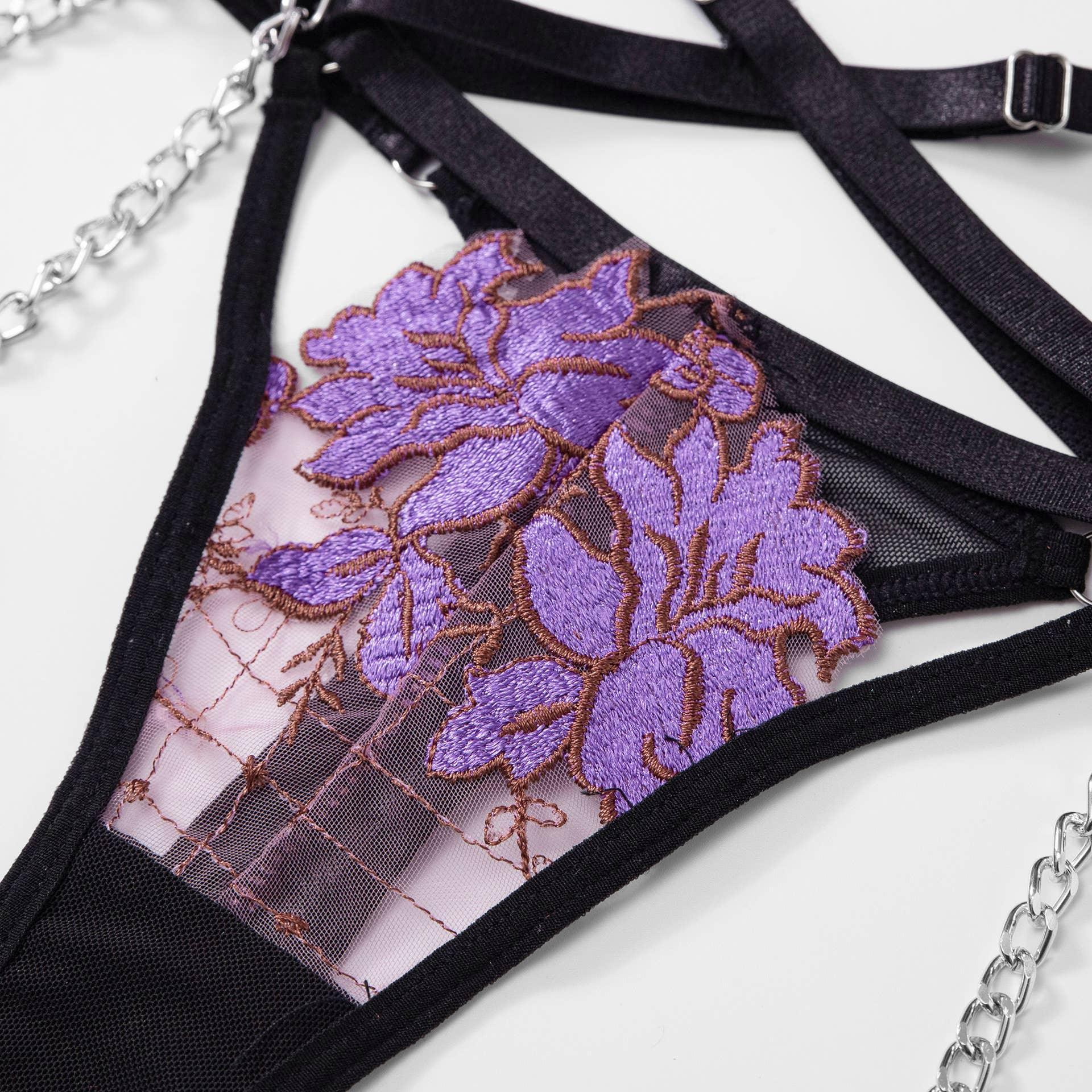 Ladies Violet Embroidery Lingerie Set with Garter Belt 2009 - SWEETKAMA