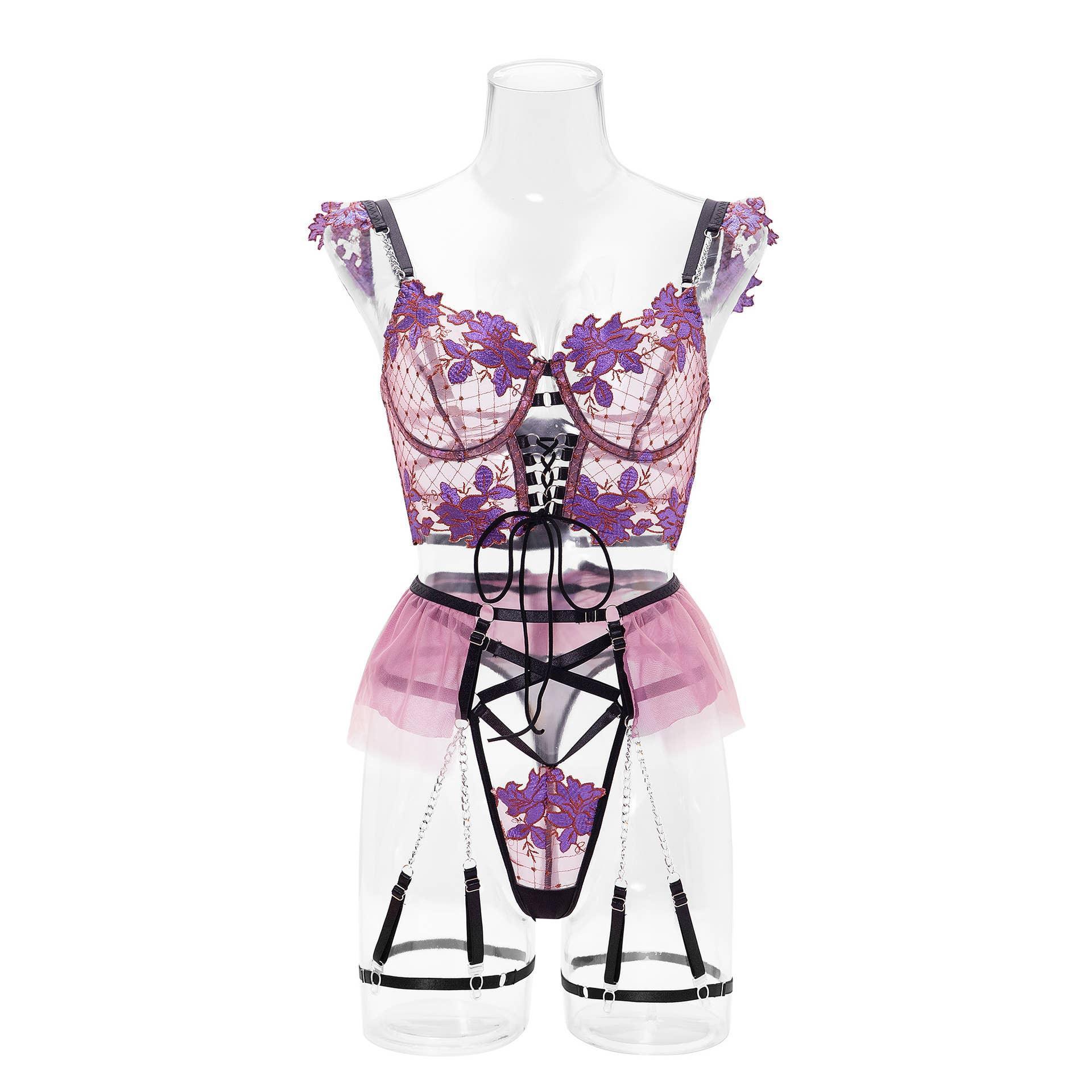 Ladies Violet Embroidery Lingerie Set with Garter Belt 2009 - SWEETKAMA