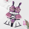 Ladies Violet Embroidery Lingerie Set with Garter Belt 2009 - SWEETKAMA