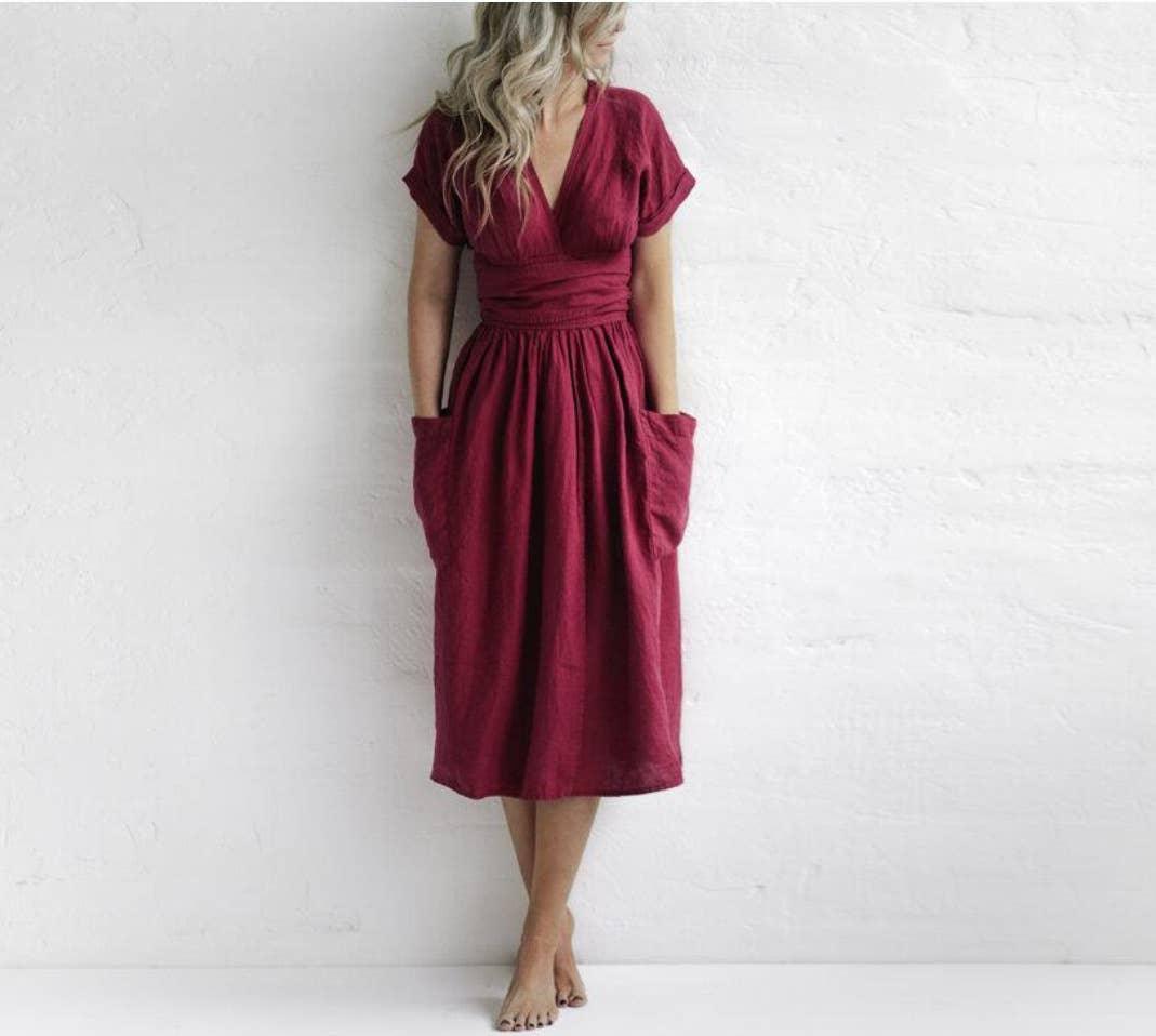 Ladies Waist Tie Solid Color Daily Midi Dress 9291 - SWEETKAMA