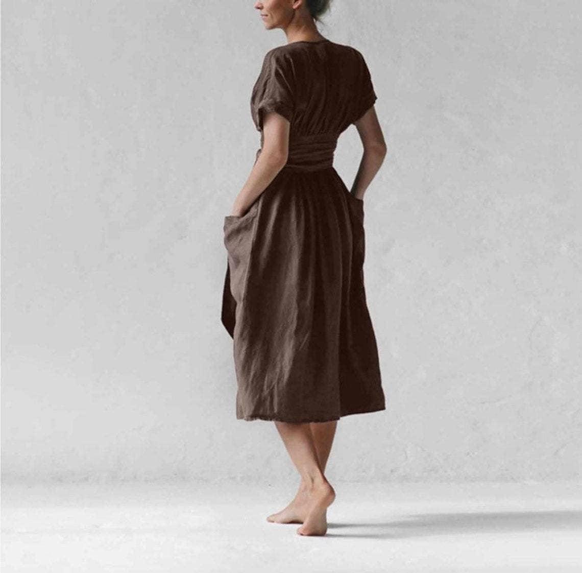 Ladies Waist Tie Solid Color Daily Midi Dress 9291 - SWEETKAMA