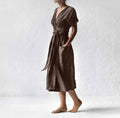 Ladies Waist Tie Solid Color Daily Midi Dress 9291 - SWEETKAMA